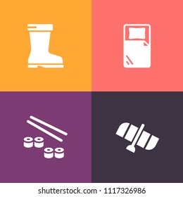 Modern, simple vector icon set on colorful background with roll, clothing, world, wear, japanese, shoe, black, double, food, station, boot, technology, restaurant, style, foot, shuttle, walking icons