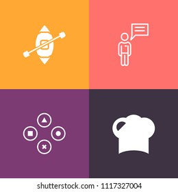 Modern, simple vector icon set on colorful background with cap, play, man, discussion, business, transport, game, hat, video, message, pc, cooking, chef, travel, transportation, computer, ship icons