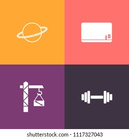 Modern, simple vector icon set on colorful background with gym, space, weight, empty, classroom, barbell, sign, equipment, astronomy, lifting, texture, fitness, sun, science, hammer, planet, saw icons