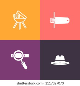 Modern, simple vector icon set on colorful background with seo, barbecue, grilling, hot, optimization, engine, laptop, mobile, food, sheriff, charcoal, traditional, card, fire, cowboy, digital icons