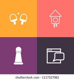 Modern, simple vector icon set on colorful background with equipment, live, leisure, piece, spring, online, information, box, garden, wood, bubble, chat, social, activity, chess, competition icons