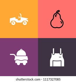 Modern, simple vector icon set on colorful background with bed, ingredient, green, automotive, pinafore, auto, luxury, raw, transport, silhouette, cook, wear, hotel, clothes, sign, leaf, uniform icons