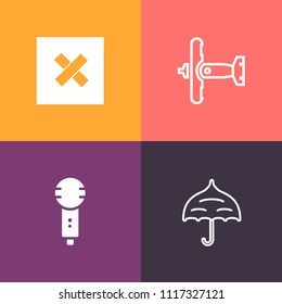 Modern, simple vector icon set on colorful background with fly, safety, object, air, karaoke, voice, microphone, transport, open, singer, airplane, door, aviation, plane, flight, background, war icons