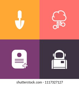 Modern, simple vector icon set on colorful background with exploration, communication, planet, equipment, cosmonaut, network, astronaut, work, concept, technology, identification, science, cloud icons