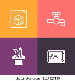 Modern, simple vector icon set on colorful background with hat, package, basin, box, interior, tap, transportation, business, logistic, service, online, safe, clean, freight, plumbing, faucet icons