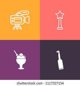 Modern, simple vector icon set on colorful background with dentist, vanilla, victory, video, microphone, digital, electric, camcorder, mouth, dessert, camera, white, cream, ice, brush, movie icons