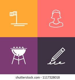 Modern, simple vector icon set on colorful background with grill, sky, head, barbecue, green, profile, note, sign, people, water, user, cortes, beach, fire, mexico, ocean, human, travel, sea icons