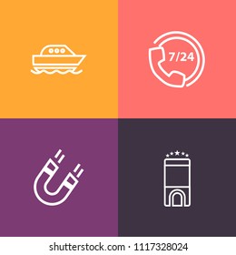 Modern, simple vector icon set on colorful background with travel, transport, sea, contact, field, science, ocean, blue, luxury, center, service, magnetic, magnet, motor, cruise, home, yacht icons