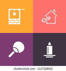 Modern, simple vector icon set on colorful background with old, concept, ball, wax, game, apartment, business, buy, fire, sale, decoration, brick, racket, traditional, country, sport, glowing icons