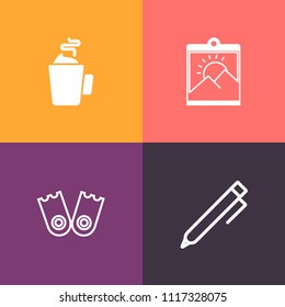 Modern, simple vector icon set on colorful background with office, cup, flipper, education, object, sport, image, business, vintage, beverage, female, pen, art, blank, drink, school, summer, hot icons