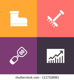 Modern, simple vector icon set on colorful background with gardening, cooking, work, graphic, utensil, raking, foot, finance, tool, cook, growth, footwear, business, season, walking, progress icons