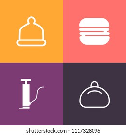 Modern, simple vector icon set on colorful background with baseball, oil, power, object, hat, modern, gas, bread, style, meat, tomato, fast, burger, leather, lunch, menu, fashion, bag, petrol icons