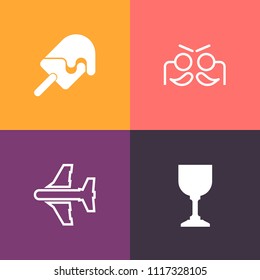 Modern, simple vector icon set on colorful background with aircraft, travel, mask, decoration, summer, air, masquerade, cone, dessert, tasty, white, party, flight, celebration, fly, wine, plane icons