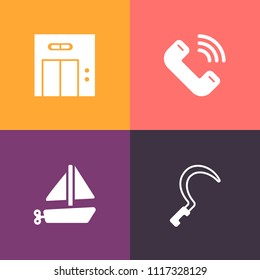 Modern, simple vector icon set on colorful background with work, app, transportation, message, garden, door, button, call, ship, equipment, boat, white, space, mobile, toy, farm, farming, floor icons