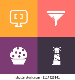 Modern, simple vector icon set on colorful background with pollution, purification, lighthouse, desktop, food, conditioner, car, device, tablet, dirty, laptop, replace, monitor, house, sea, pc icons
