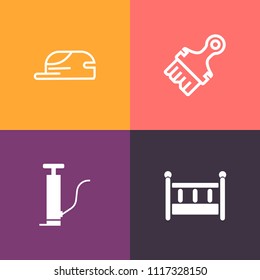 Modern, simple vector icon set on colorful background with paintbrush, cradle, toy, head, cap, childhood, home, baseball, grunge, artistic, wear, pump, sign, child, petrol, interior, collection icons