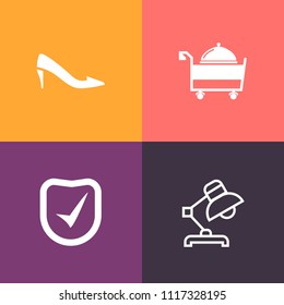 Modern, simple vector icon set on colorful background with electricity, service, hotel, style, shoe, internet, food, lamp, check, light, plate, room, glamour, secure, white, footwear, electric icons