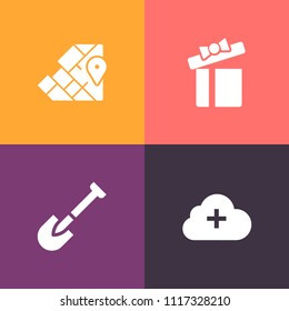 Modern, simple vector icon set on colorful background with cartography, add, ribbon, holiday, box, present, screwdriver, equipment, love, sign, atlas, anniversary, white, asia, birthday, data icons