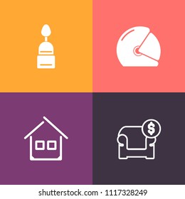 Modern, simple vector icon set on colorful background with motor, home, sofa, cafe, cookie, sale, building, furniture, breakfast, bakery, food, race, motorbike, estate, pastry, property, tag icons