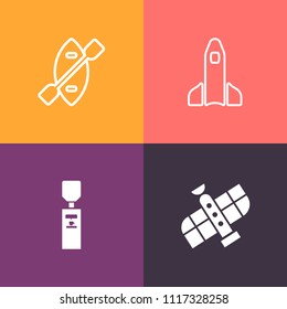 Modern, simple vector icon set on colorful background with carboy, drink, flight, cold, gallon, plastic, dispenser, shuttle, discovery, exploration, international, purified, sport, boat, water icons