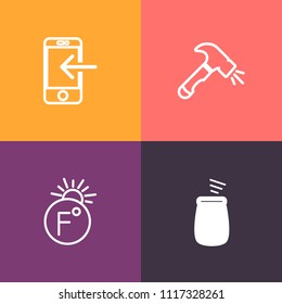 Modern, simple vector icon set on colorful background with degree, wrench, sign, smartphone, instrument, screwdriver, drill, payment, cellphone, technology, celsius, money, meteorology, music icons