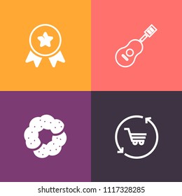 Modern, simple vector icon set on colorful background with sport, instrument, prize, award, shop, food, champion, place, winner, orchestra, rock, dessert, jazz, doughnut, string, cake, retail icons