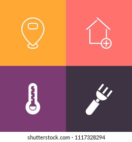 Modern, simple vector icon set on colorful background with cold, lunch, construction, menu, map, housing, property, apartment, dinner, home, web, temperature, thermometer, kitchen, buy, fork icons