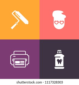 Modern, simple vector icon set on colorful background with repair, care, printer, brush, roller, painter, young, computer, paper, retro, tooth, paste, paint, modern, healthy, color, health, sign icons