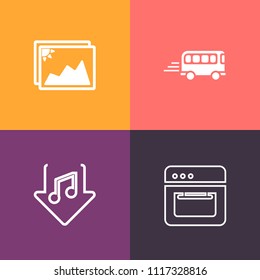 Modern, simple vector icon set on colorful background with music, photo, frame, fast, hot, street, travel, equipment, download, speed, empty, white, audio, cooking, old, car, blank, traffic, bus icons