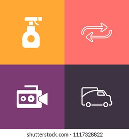 Modern, simple vector icon set on colorful background with plant, delivery, industry, crop, film, background, sprayer, change, spray, agriculture, team, people, care, van, transportation, white icons
