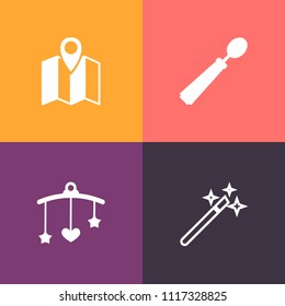 Modern, simple vector icon set on colorful background with sign, gps, magic, city, wand, nursery, newborn, dinner, spoon, wood, equipment, stick, map, food, location, wizard, travel, crib, pin icons