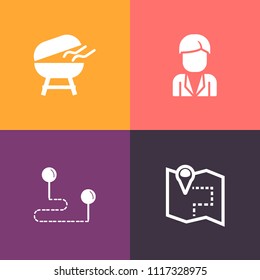 Modern, simple vector icon set on colorful background with hot, meal, guy, gps, grilling, destination, man, fashion, male, barbecue, position, white, grilled, casual, food, people, fire, outdoor icons
