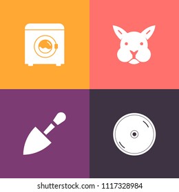 Modern, simple vector icon set on colorful background with disc, rabbit, construction, machine, music, compact, saw, disk, cartoon, cd, dvd, bunny, computer, card, digital, clothes, clean, wash icons