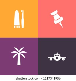 Modern, simple vector icon set on colorful background with tourism, air, medicine, dentist, trip, mark, tooth, travel, airport, toothpaste, paste, sky, map, transport, aviation, , health, gps icons