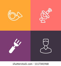 Modern, simple vector icon set on colorful background with science, navigation, musical, antenna, sound, wind, instrument, head, communication, music, earth, dinner, system, knife, network, horn icons