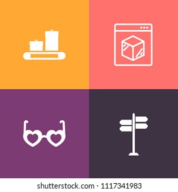 Modern, simple vector icon set on colorful background with transport, online, web, baggage, style, point, trolley, sunglasses, technology, sun, shipping, fashion, bag, arrow, suitcase, vintage icons