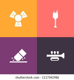 Modern, simple vector icon set on colorful background with plastic, concert, eraser, education, instrument, holiday, glass, sound, cooler, erasing, horn, rubber, celebrate, erase, sign, cool icons