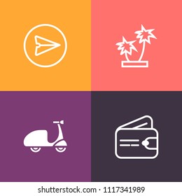 Modern, simple vector icon set on colorful background with cyclist, silhouette, palm, tropical, branch, activity, bike, cash, exotic, financial, business, phone, send, payment, buy, smartphone icons