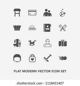 Modern, simple vector icon set with rake, fashion, baby, builder, comet, bag, card, sport, worker, present, interior, home, plastic, raking, engineer, person, human, garden, object, construction icons