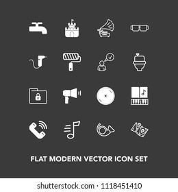 Modern, simple vector icon set on dark background with note, glasses, water, bugle, dvd, tune, trumpet, retro, sun, fashion, security, map, sign, safety, vintage, melody, gramophone, sound, call icons