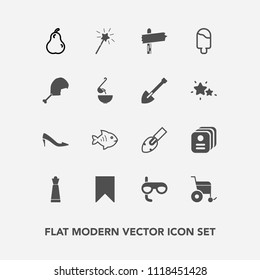 Modern, simple vector icon set with arrow, dessert, construction, female, fish, equipment, id, bookmark, cream, chicken, identity, white, shoe, strategy, organic, sea, card, sport, bird, shovel icons