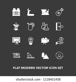 Modern, simple vector icon set on dark background with lightbulb, certificate, quality, projection, environment, electricity, nature, safety, lamp, profile, money, award, equipment, drink, sky icons