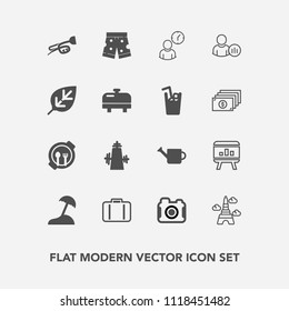 Modern, simple vector icon set with plant, child, island, beach, photographer, kitchen, template, baggage, photo, gardening, luggage, airport, tower, infographic, camera, food, kid, france, wear icons