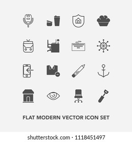 Modern, simple vector icon set with sugar, stationery, helm, shop, coffee, wheel, cup, song, interior, internet, spoon, microphone, rudder, furniture, eye, armchair, nautical, cafe, white, human icons