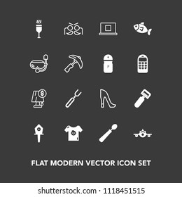 Modern, simple vector icon set on dark background with plane, peeler, spoon, clothes, electricity, alcohol, restaurant, interior, sign, celebration, potato, vegetable, spring, departure, fork icons