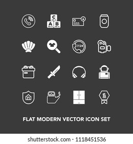 Modern, simple vector icon set on dark background with technology, modern, sound, fork, kettle, present, ribbon, circle, music, hot, science, house, play, cosmos, ring, sign, place, kitchen, kid icons