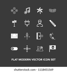 Modern, simple vector icon set on dark background with exit, computer, switch, party, investment, tropical, note, nature, deactivate, off, play, escape, summer, dollar, theater, place, turn, sew icons