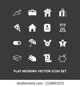 Modern, simple vector icon set on dark background with lunch, identity, office, winner, paper, percent, document, business, first, parasol, drawer, coin, file, sign, rain, weather, construction icons