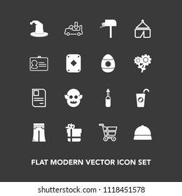 Modern, simple vector icon set on dark background with circus, transport, adventure, box, woman, mailbox, gift, fashion, alien, healthy, monster, drink, truck, message, tent, female, business icons