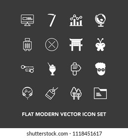 Modern, simple vector icon set on dark background with retro, chain, cream, paper, spanner, trend, tag, tool, finance, chart, file, office, forest, wrench, way, graph, website, dessert, blank icons